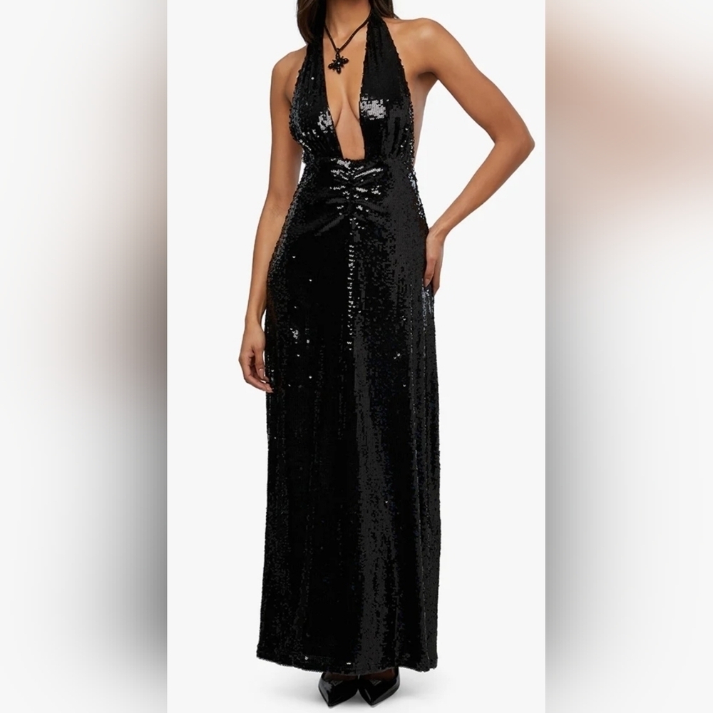 WeWoreWhat Backless Black Sequin Halter Maxi Dress, Women's Size 2